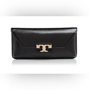 Tory Burch GIGI CAVIAR LEATHER CLUTCH - BLACK IN BLACK/GOLD [LIKE NEW]